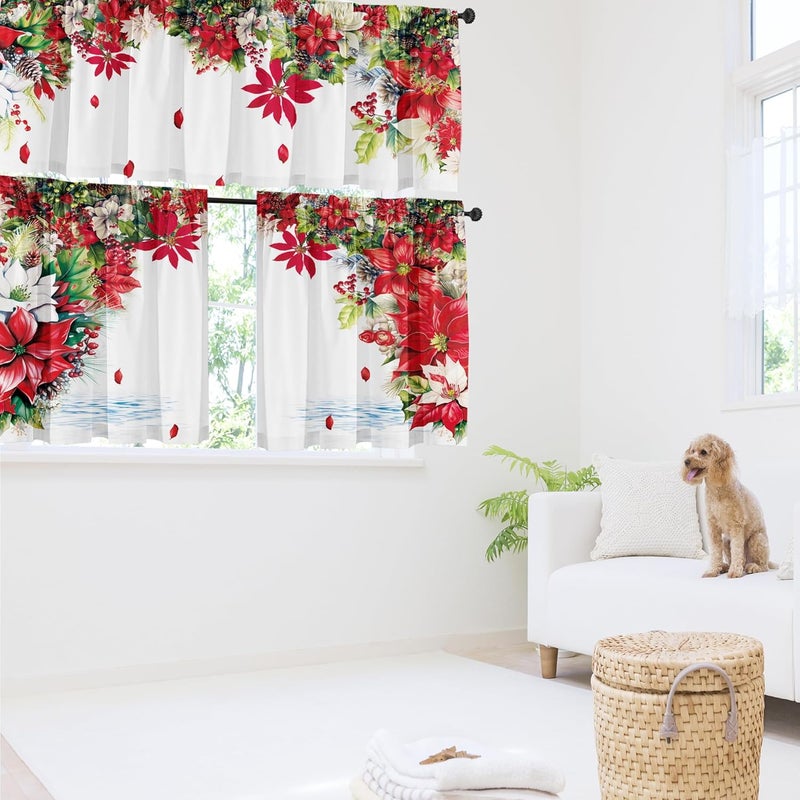 SUNWISHA Christmas Poinsettia Curtain Valances 3 Piece Set Upper Curtain 52'' Lx18'' W & Lower Curtain 36'' L X 26'' W X2 Kitchen Windows Decor Red - Image 3